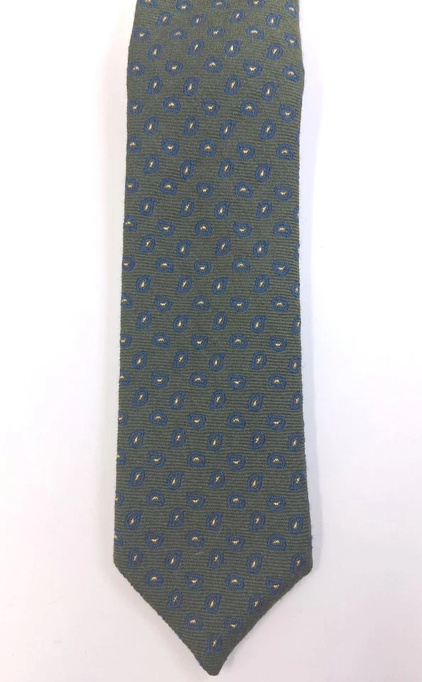 J. Crew 羊毛领带佩斯利橄榄绿色蓝色金色紧身 Foulard 美国制造 2.5 — 第 1/4 张图片