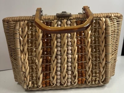 Bolso de mano retro de mimbre Gary Gail vintage años 60 caparazón de tortuga mango Lucite LEER Foto 1 de 4