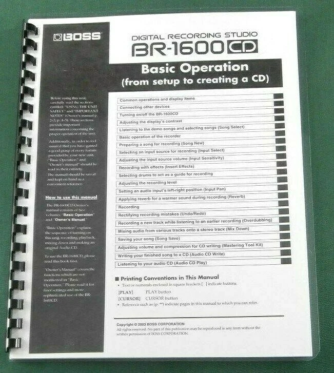 Boss BR-1600CD Basic Operation Manual: Comb Bound with Protective Covers! - Image 1 of 1