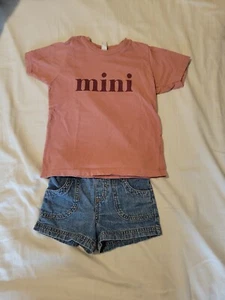 2 Piece Girls size 4t Outfit "Mini" Dusty Pink Shirt And Blue Denim Jean Shorts - Picture 1 of 9