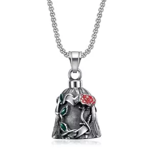 Womens Lady Biker Guardian Gremlin Rose Bell Pendant Necklace Stainless Steel - Picture 1 of 9