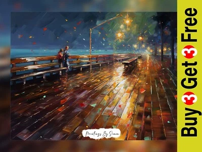 Paseo Marítimo Nocturno Atmosférico, Impresión Pintura al Óleo 5"x7" sobre Papel Mate Foto 1 de 4