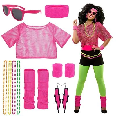 80er Jahre Outfit Damen Kostüm Accessoires Set Brille Halskette Halloween Party