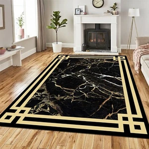 Black and Gold Marble Rug,  Modern Area Carpet, Salon Carpet, Home Decor Rug - Picture 1 of 10