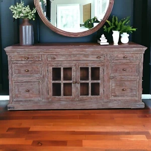 Modern Farmhouse Glass Door Buffet Server Solid Mango Wood Sofa Height Console - Picture 1 of 6