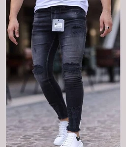 Herren Jeans Hose Skinny Slim Fit Stretch Röhrenjeans Schwarz Zerrissen 17549 - Bild 1 von 5