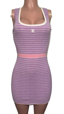 Подлинный Chanel бренд полоски сиреневой/розовый/белый резинке логотип мини-платье sz36 Италия - Изображение 1 из 4
