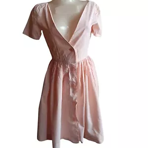 1Of1 Gr. 4/6 Vintage Kleid rosa gepunktet Midikleid V-Ausschnitt geraffte Taille - Bild 1 von 13