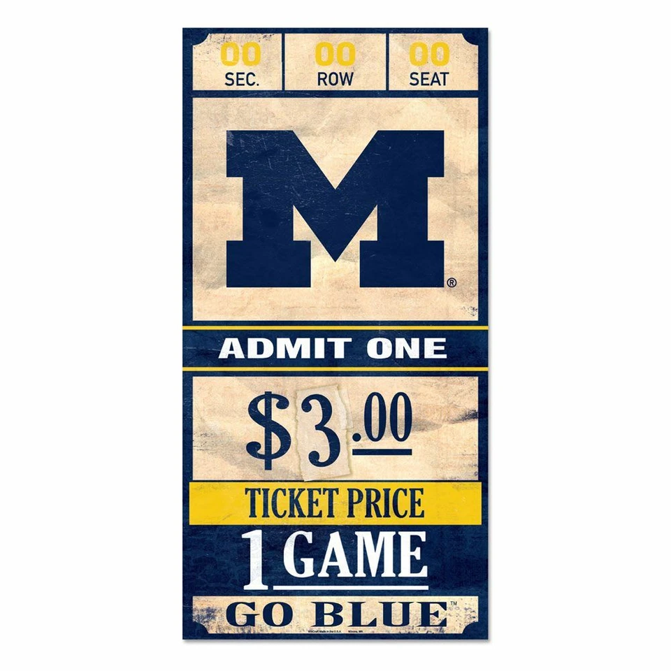 MICHIGAN WOLVERINES GAME TICKET ADMIT ONE GO BLUE WOOD SIGN 6"X12'' NEW WINCRAFT - Image 1 of 1