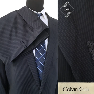 New Uncut Calvin Klein 2 Piece Wool Suit 60L Blue Pinstripe 52" Flat Front Pants - Image 1 of 4
