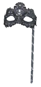 HAND HELD SILVER GREY JEWELLED LACE BROCADE MASK VENETIAN MASQUERADE EYE BALL - Picture 1 of 4