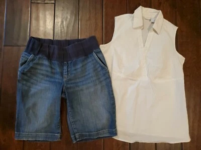 Gap 1969 Maternity Denim Jean Shorts 28/6 White Sleevless Shirt Blouse Medium M - Image 1 of 4