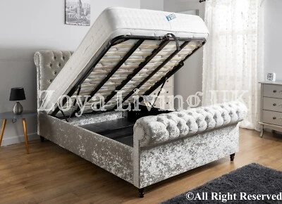 Luxury Double Sleigh Bed Frame Chesterfield Crushed Velvet with Storage&Mattress - Image 1 of 4