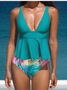 CUPSHE Dreamland Tropical High Waisted Tankini Two Piece Set Swimwear NWT Sz XS - Picture 1 of 6