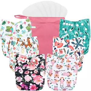 Washable Reusable Baby Cloth Pocket Diapers 6 Pack + 6 Bamboo Inserts (With 1 We - Picture 1 of 12