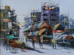 Oil painting on panel, framed ready to hang, original art, townscape, 50x64 cm - Picture 1 of 12