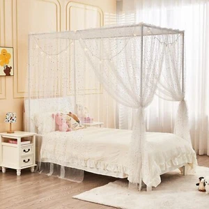 White Shiny Bed Canopy with Lights for Girls Kids, 4 Corner Post Moon Stars - Picture 1 of 7