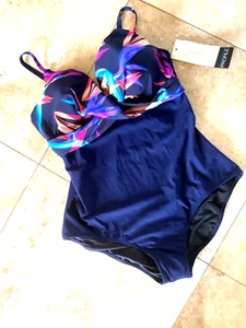 NWT SIZE 14 GOTTEX PROFILE ONE PIECE SWIMSUIT RET$128.00 PARADISE NAVY/TROPICAL - Picture 1 of 6