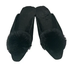 Chico’s Pixie Black Velvet Faux Fur Lined Pom Pom Low Heel Slip On Mules Sz 7.5 - Picture 1 of 12