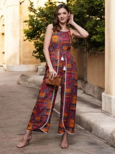 Indo Western Orange and blue Printed Square Neck Designer Jumpsuit For Women - Picture 1 of 7