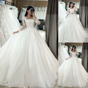 Square Neck Wedding Dresses Long Sleeves Glitter A Line Lace Bridal Ball Gowns - Picture 1 of 9