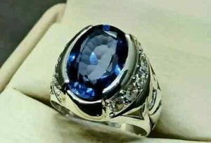 Men's Wedding Ring 14K White Gold Plated 3 Ct Oval Cut Lab Created Blue Sapphire - Picture 1 of 7