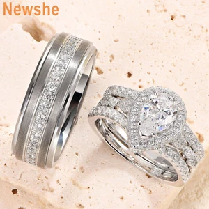Newshe Couple Wedding Ring Set His and Her Engagement Ring Tungsten and Silver - Picture 1 of 8