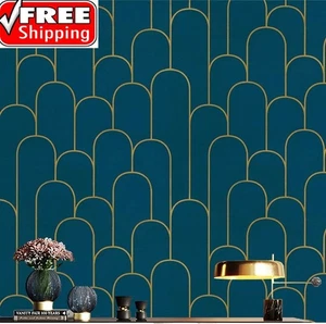 Peel and Stick Wallpaper Blue and Gold Wallpaper Blue Geometric Contact Paper Re - Picture 1 of 9
