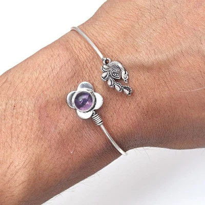 Amethyst Cabochon Gemstone Handmade Jewelry Cuff Bracelets 7''Adjustable - Image 1 of 4