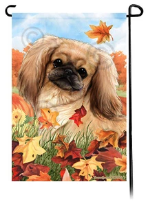 Falling Leaves Garden Flag - Fawn Sable Pekingese - Picture 1 of 1