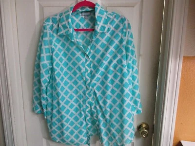 Blusa Para Mujer JCP Turquesa Blanca Geométrica Manga Botón Mezcla Seda -XL Foto 1 de 4