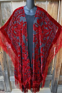 ART TO WEAR  CRIMSON RED & BLACK LONG SILK VELVET BURNOUT KIMONO JACKET, OS+! - Picture 1 of 4