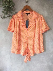 Eclair Blouse Womens M Orange Short Flutter Sleeve Button Up Tie Front Shirt Top - Picture 1 of 6