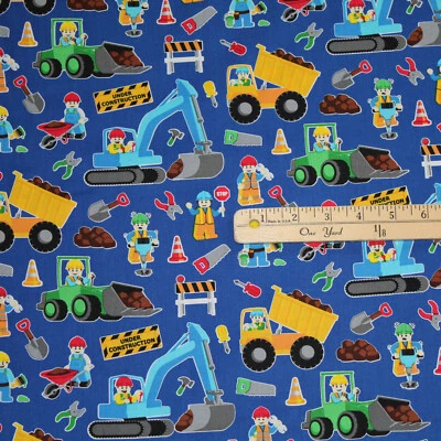 TIMELESS TREASURES City Construction Workers Building Brick Block Fabric by the 1/2 Yard #2749