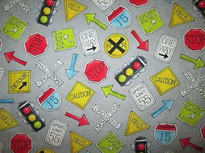 ROAD SIGNS CONSTRUCTION RAILROAD SIGN GRAY COTTON FABRIC FQ - Image 1 of 4