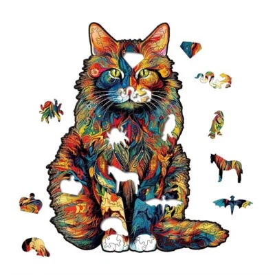 Cat Wood Jigsaw Puzzle A5 Animal Shape Feline Family Fun Gift Adult Kid Color - Image 1 of 4