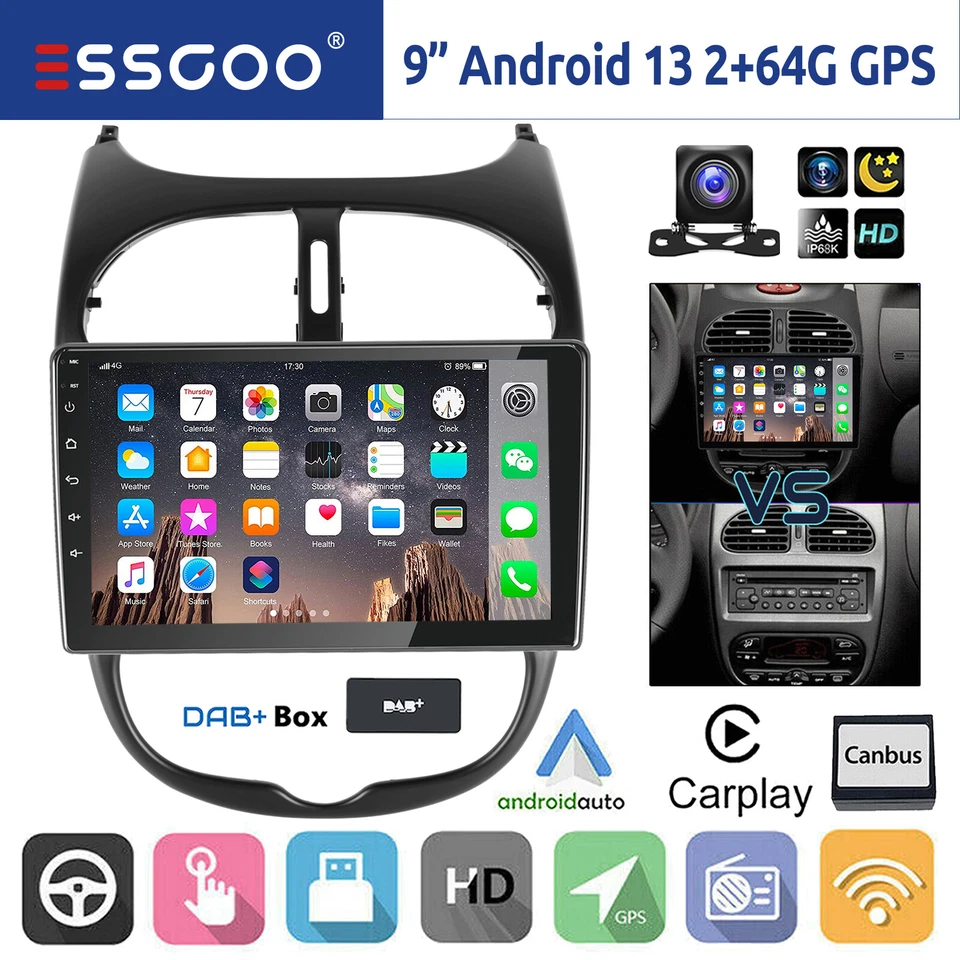 DAB+ Carplay Autoradio Android 13 GPS Navi RDS 64GB Für Peugeot 206 CC 2001-2016 - Bild 1 von 4