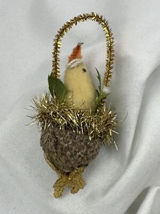 Christmas  Sebnitz  Ornament Vtg  Wire Wrapped  Cotton Bird Hanging Nest Basket - Picture 1 of 7