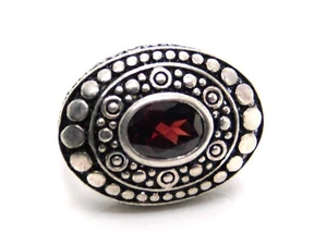 Anello J&T in argento sterling 925 stile Bali punto e granato ovale est ovest - Foto 1 di 13