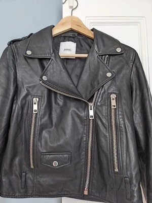 BNWOT: Leather Biker Jacket  with belt from MANGO: Size: Medium: Colour: BLACK - Image 1 of 4