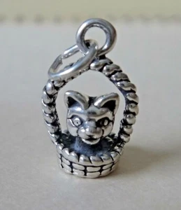 Sterling Silver 3D 16x10mm Cat Kitten in a Basket Cat Charm! - Picture 1 of 5