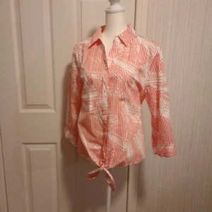 Chico's Women's Top Size 2 L/12 Pinkish Red Striped 3/4 Sleeve Button Up Bow LNC - Picture 1 of 18