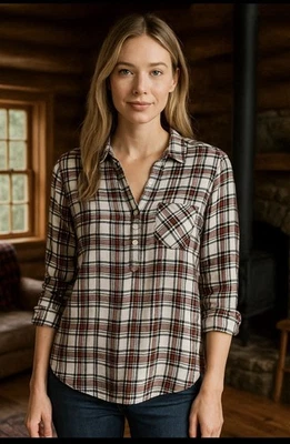 Market & Spruce Super Soft Flannel Plaid Button Henley Roll Tab Sleeves Size MP - Image 1 of 4