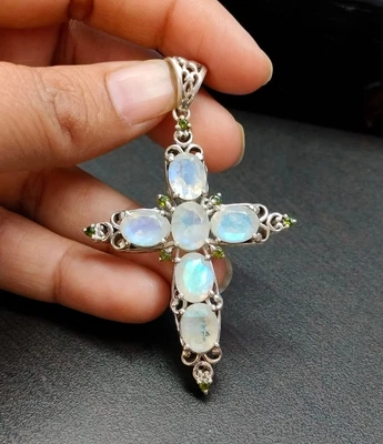 Ciondolo CROCE pietra di luna arcobaleno argento sterling massiccio... - Immagine 1 di 4