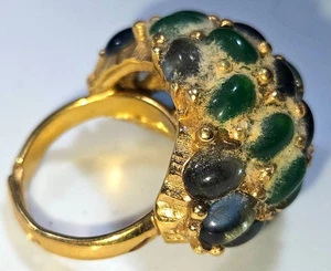 Retro 1960s Jade & Labradorite Bombé Gold Cocktail Ring - Picture 1 of 23