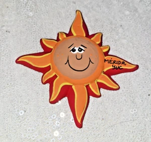 Mexican Clay Folk Art Decoration Hand Painted Terra Cotta Sun Face Refrig Magnet - Picture 1 of 4