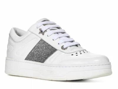 Jimmy Choo Hawaii Leather Lace-Up Sneakers White/Black Glitter Sz EU 41 /US 11 - Image 1 of 4