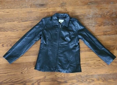 Vintage Worthington  Lambskin Black Leather Zip Up Jacket Womans Size M Petite  - Image 1 of 4