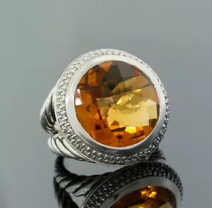 David Yurman 925 Sterling Silver Diamond 17mm Yellow Citrine Cerise Ring Size 6 - Picture 1 of 5