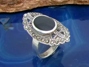 Marcasita Anillo Piedra Negro 925 de Plata Ley Talla 52 Mujer Vintage - Imagen 1 de 5